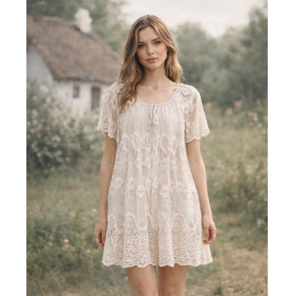 XCVI Cream White Lace Embroidered Boho Cottagecore‎ Flirty Coquette Dress M